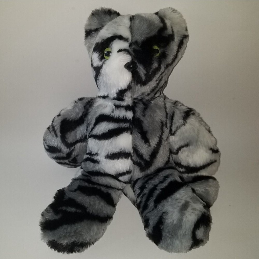Black Gray Striped Plush Stuffed Animal Lovey Tiger? Leopard? Lemur? Green Eyes